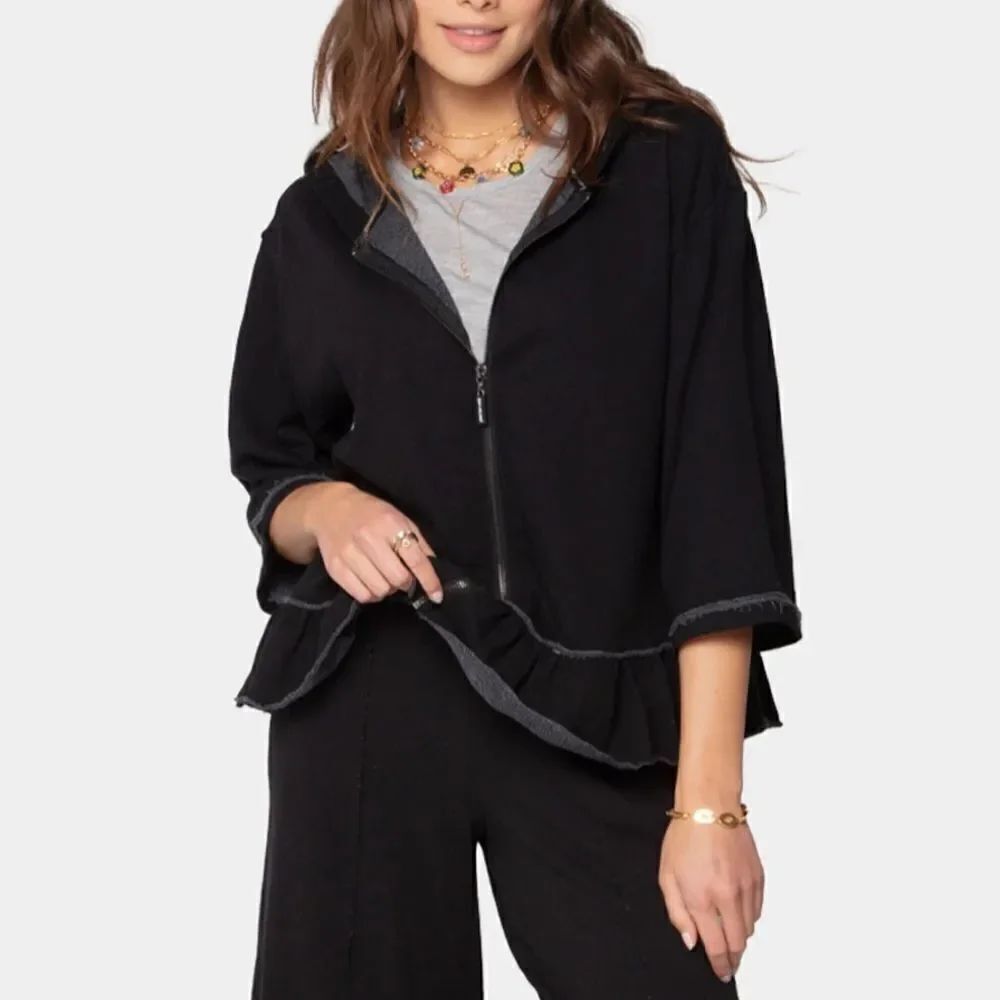Peace Love World French Terry Ruffle Zip Front Hoodie